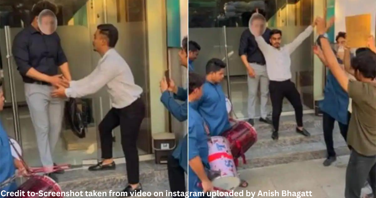 Pune Sales Associate quits toxic job in the most unusual way.Celebrates his last day at work with dance to dhol beats in front of his boss outside the office.